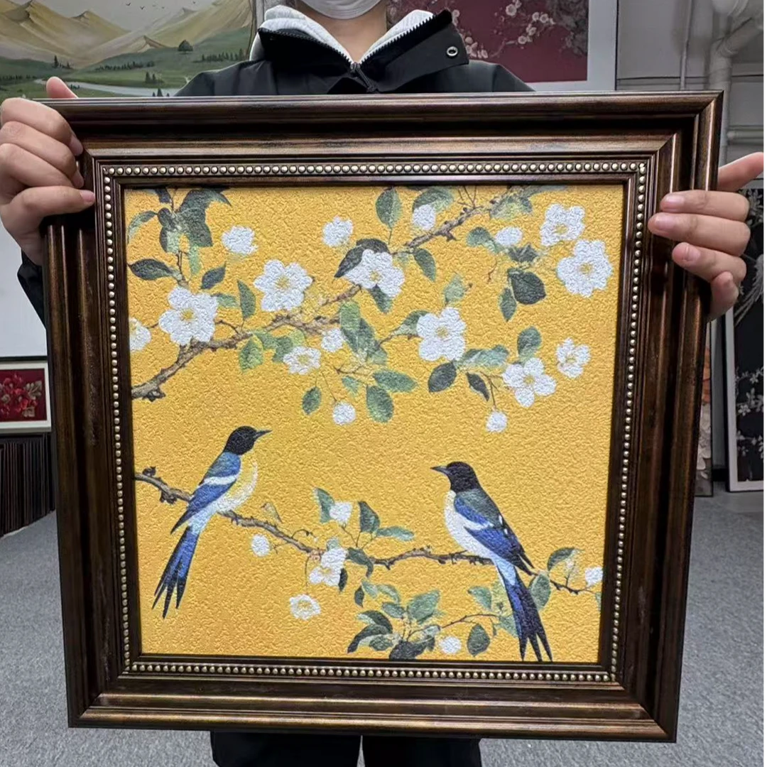 黄色 喜上眉梢 中古风客厅装饰画玄关画法式原创卧室床头挂画4040