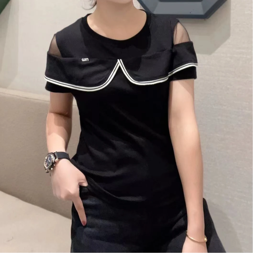 2025夏季新款时尚短袖荷叶边t恤休闲显瘦圆领女士上衣801-5长51