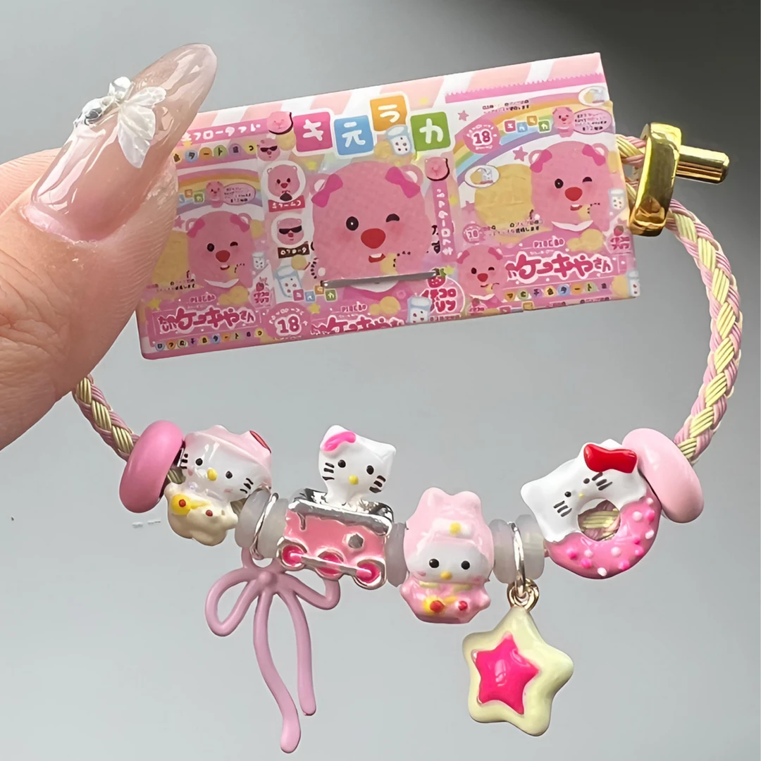 合金手链 粉色KT猫奶油风甜圈串珠手链diykitty黄粉绳幸运手串