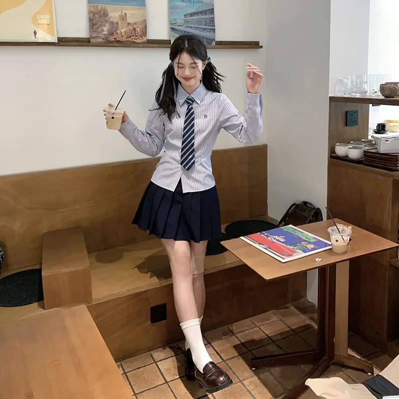 25年刺绣学院风新款衬衣蓝色套装条纹jk原创制服衬衫收腰长袖上衣