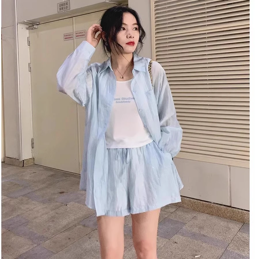 气质时尚百搭细闪衬衫短裤三件套装2025春夏季新款宽松休闲防晒衣