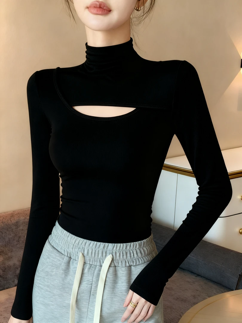 极简镂空半高领打底衫女春秋季内搭镂空设计感长袖螺纹高级感上衣