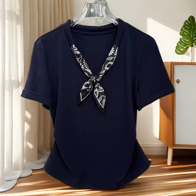 大码胖mm小个子收腰显瘦短袖T恤女士夏季新款洋气减龄V领丝巾上衣