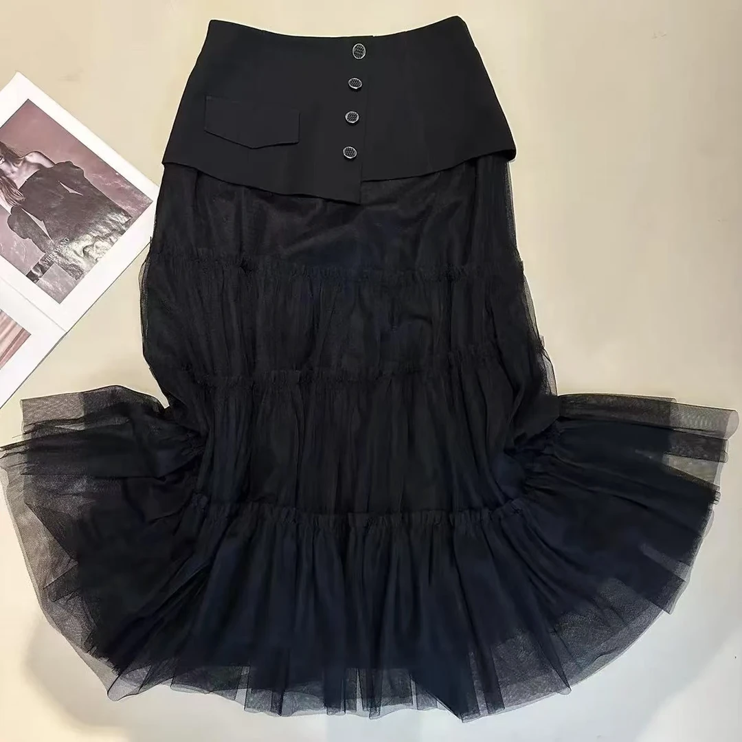 【韩紫朵】百搭长裙拼接显瘦半身裙高腰褶皱气质A字时尚连衣裙