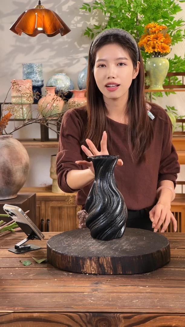 【珠光黑-斜纹玉壶】无孔水培桌面陶瓷花瓶干花鲜花客厅插花