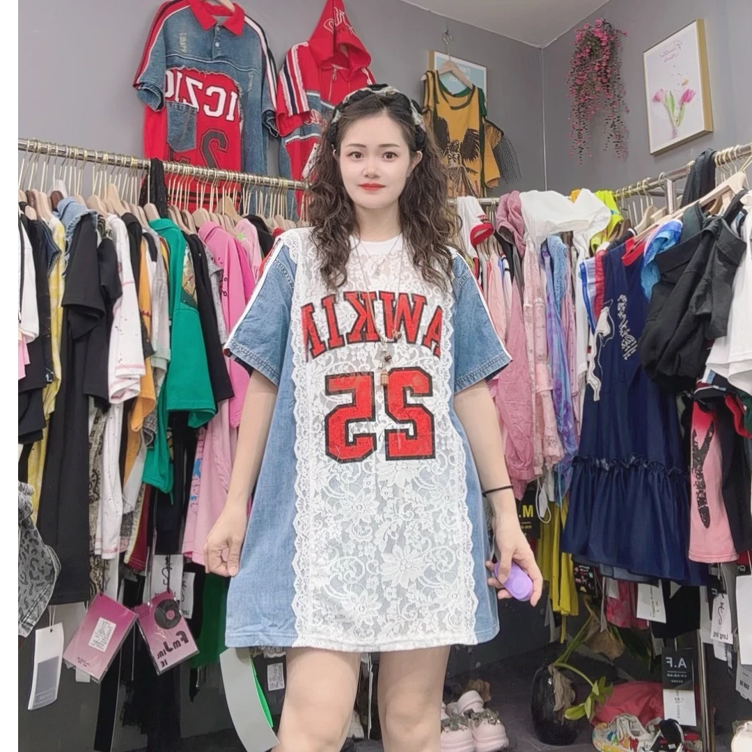 LY家50193#7+夏季25数字印花蕾丝牛仔拼接圆领宽松百搭休闲T恤