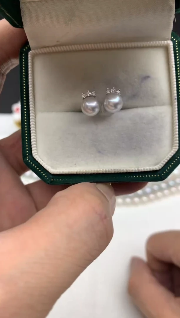 银S925镶嵌ff海水珍珠akoya灰珠耳饰6~7mm