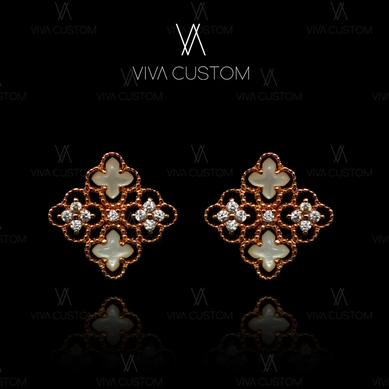 铜合金合成锆石耳饰 (致敬经典系列)设计百搭双色小花四叶草耳钉G