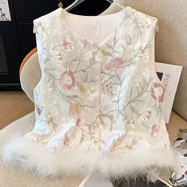 落樱新中式重工国风马甲亮片绣花丝绒拼接马夹女装无袖外搭秋