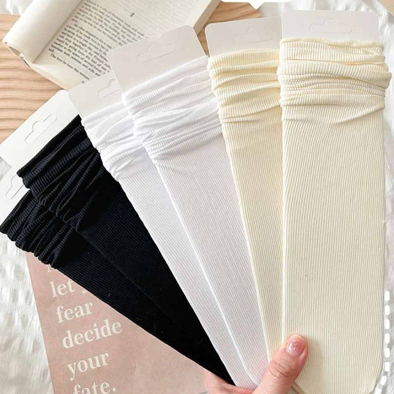 黑白色冰冰袜子女夏季薄款中筒袜袜日系简约乐福鞋长筒堆堆袜