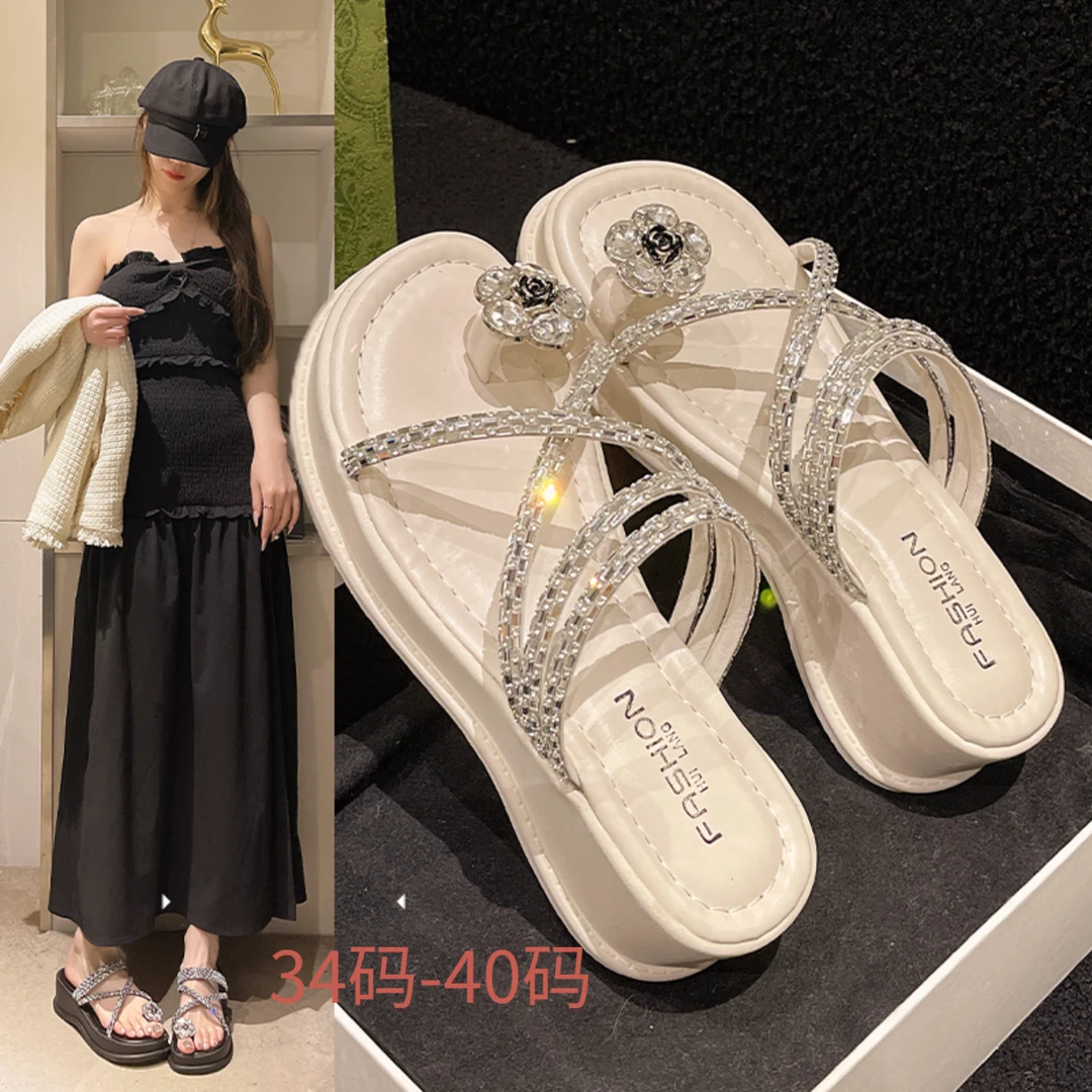 百搭仙女风沙滩夹趾平跟粗跟高跟拖鞋一字拖坡跟夏季厚底网红