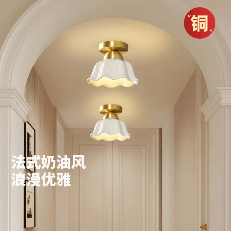 全铜中古风客厅过道灯陶瓷法式奶油创意玄关走廊衣帽间LED护眼灯