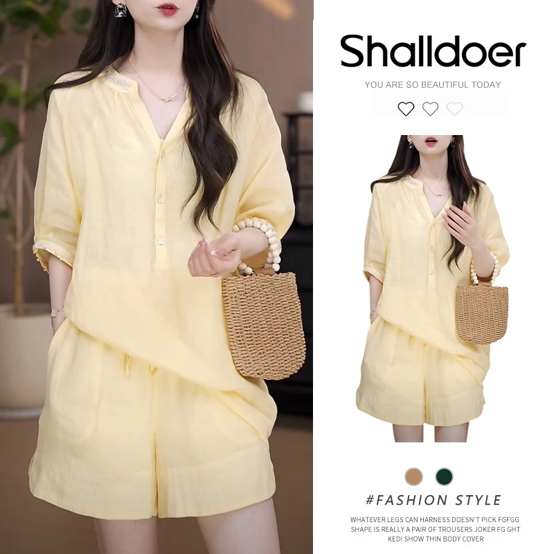 夏季穿搭一整套时尚套装女装2025年夏季新款钉珠衬衫短裤两件套