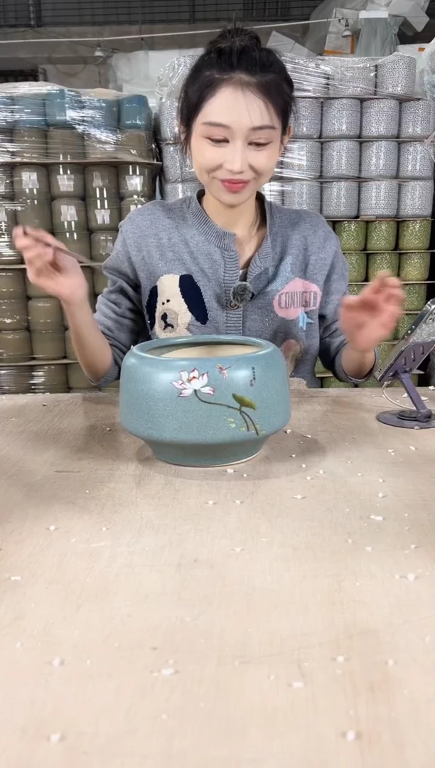 【闪购商品】陶瓷圆口深绿荷花大号18x14