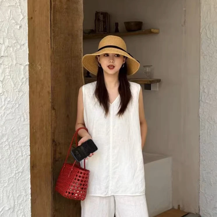 （亚麻背心）新品简约气质纯色V领无袖上衣亲肤时尚亚麻T7091#