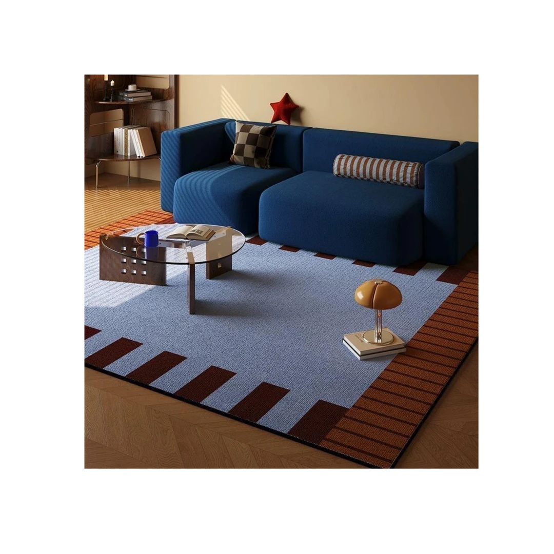 包豪斯风格蓝色复古客厅沙发免洗可擦防水地垫大面积满铺