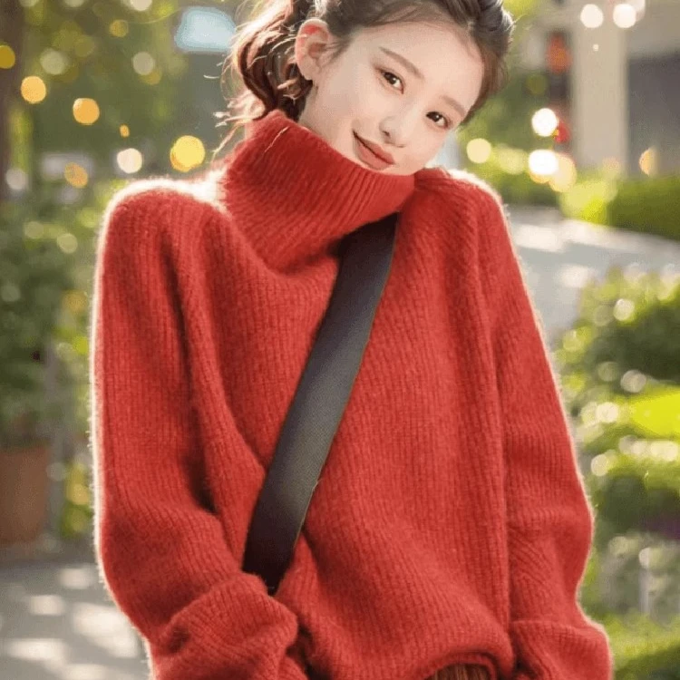 高领毛衣女款2025新款秋冬季橘红内搭上衣宽松慵懒风打底针织衫