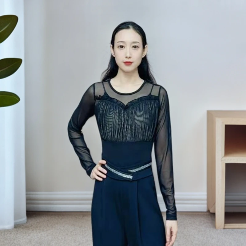 欢舞阁吉特巴摩登双人舞广场舞圆领木耳边百搭女长袖上衣A0767