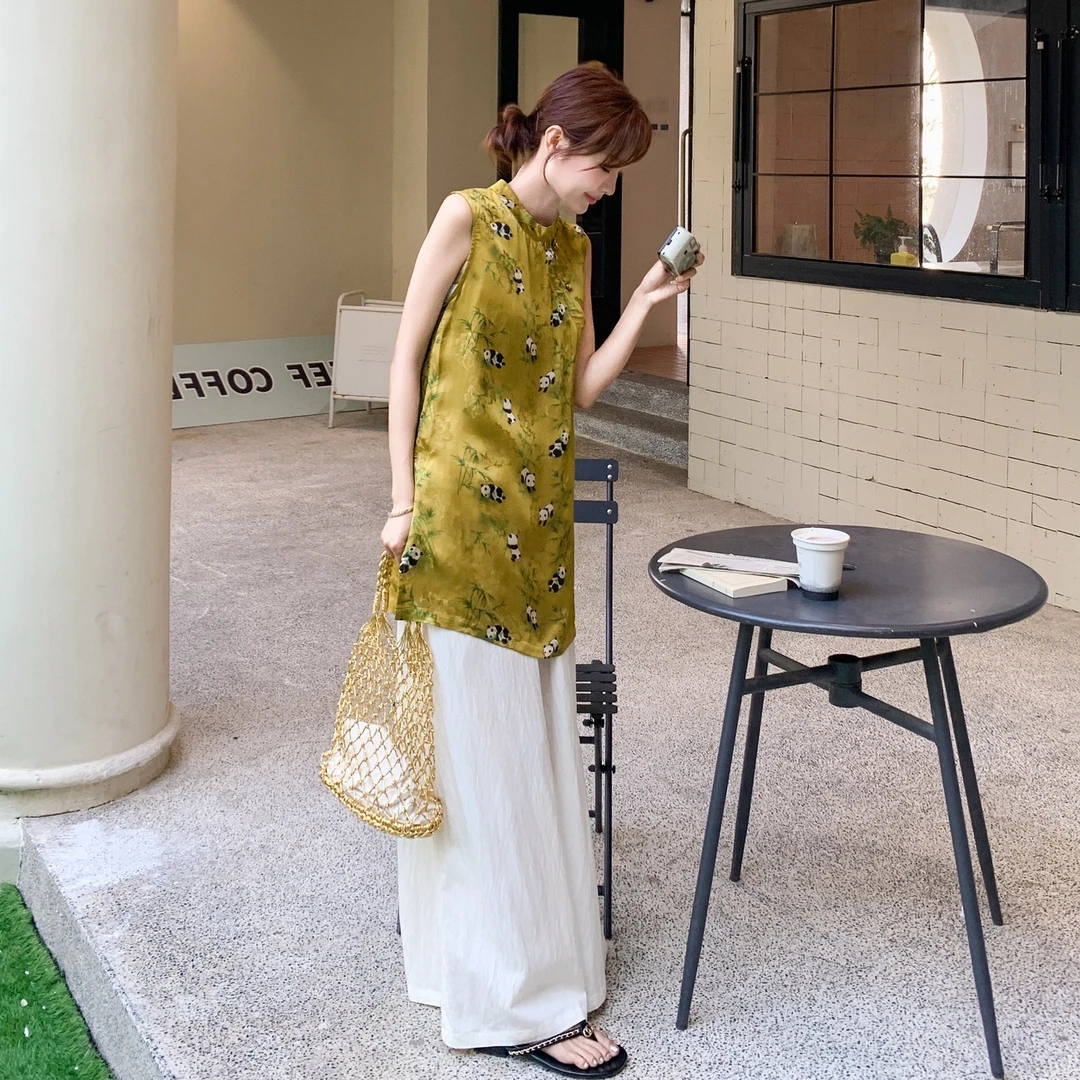 新中式国风旗袍无袖背心马夹+阔腿裤两件套女2025夏季新款套装潮