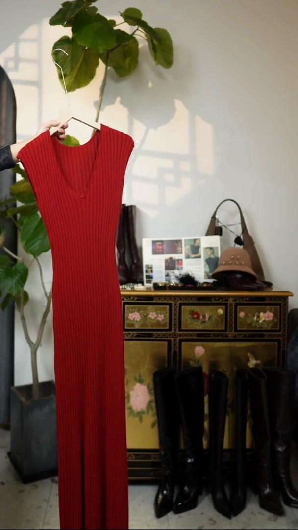 红色竖条纹盖袖连衣裙 均码