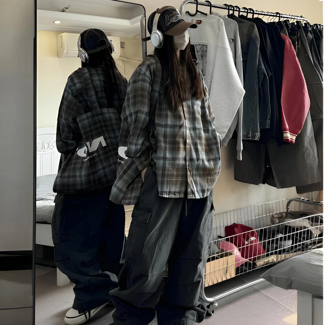 潮牌轻薄格子衬衫男女外套春季美式宽松气质长袖百搭衬衣情侣外套