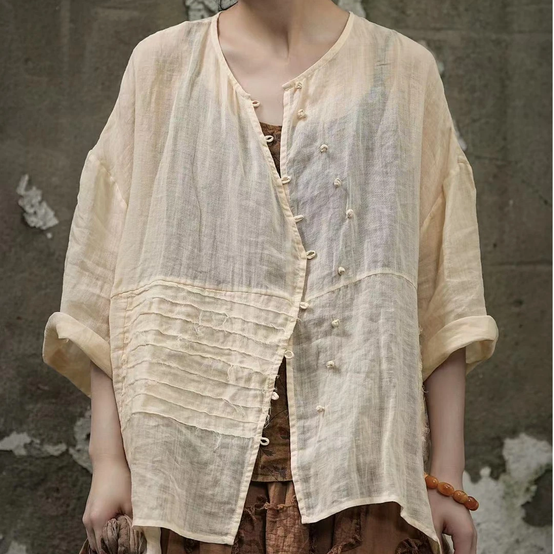 疯子张24夏季苎麻五分袖衬衣宽松薄款盘扣上衣轻薄罩衫08256