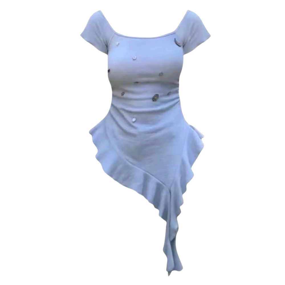 麦麦家 【海浪贝壳】上衣显瘦不规则下摆大码胖mm荷叶边飘带