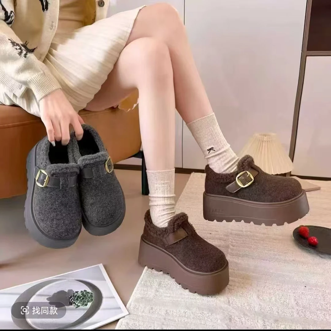D113加棉厚底勃肯鞋外增高平底毛呢包头2025新款女鞋（卡码拍小）
