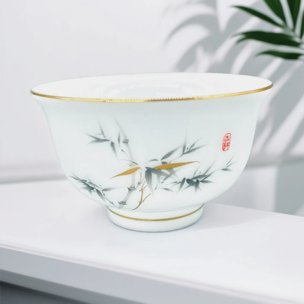 高档白瓷功夫茶杯冰种玉瓷品茗杯陶瓷金边通透家用茶杯主人杯高档