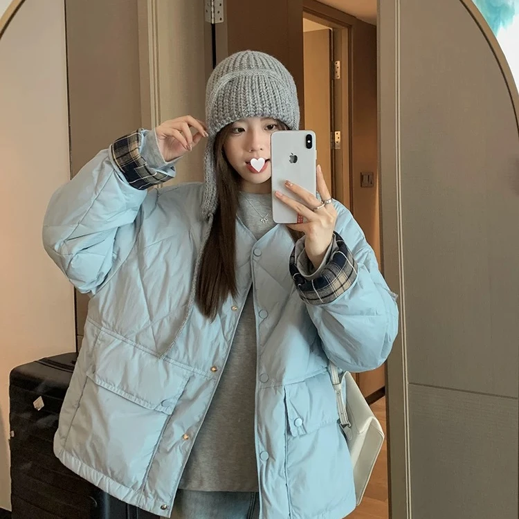 新款棉服女韩系宽松圆领轻薄款菱格小个子整张棉棉服外套
