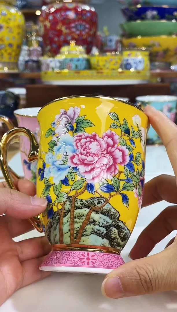 瓷片景德镇珐琅彩牡丹奶茶杯