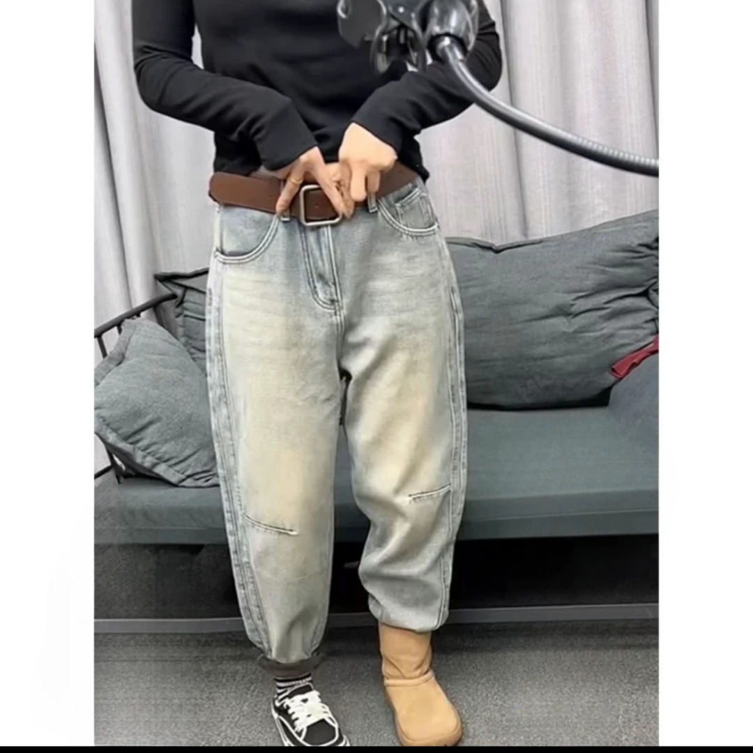 2025秋新款大码直筒老爹牛仔裤女高腰显瘦百搭哈伦裤慵懒风裤子