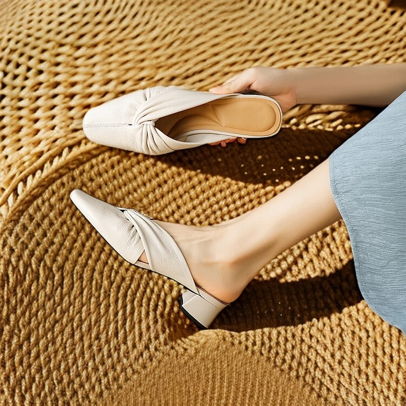 【跟3.5公分】【尺码34-41】新款真皮方头时尚气质百搭中跟柔软半托