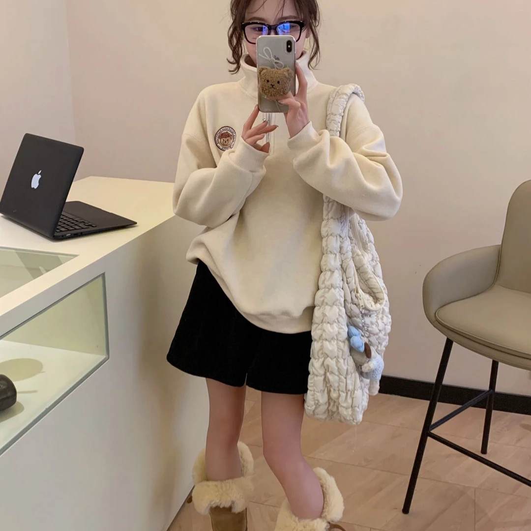 0216 【加绒】软糯毛巾绒半拉链刺绣小熊头卫衣（D8177）