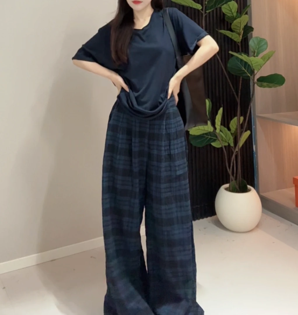 ZHANG.Z.Z【格子】阔腿裤直筒裤极简风薄款休闲裤气质格纹巴恩风