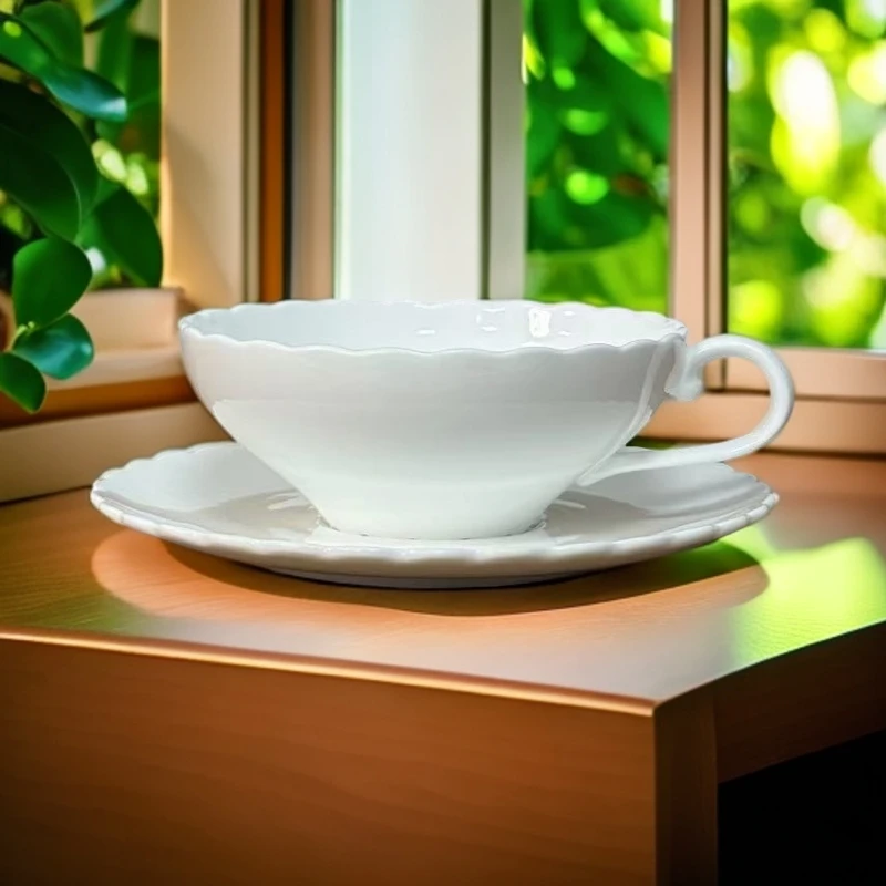 【佑倈】骨瓷餐具 纯白花边咖啡杯碟
