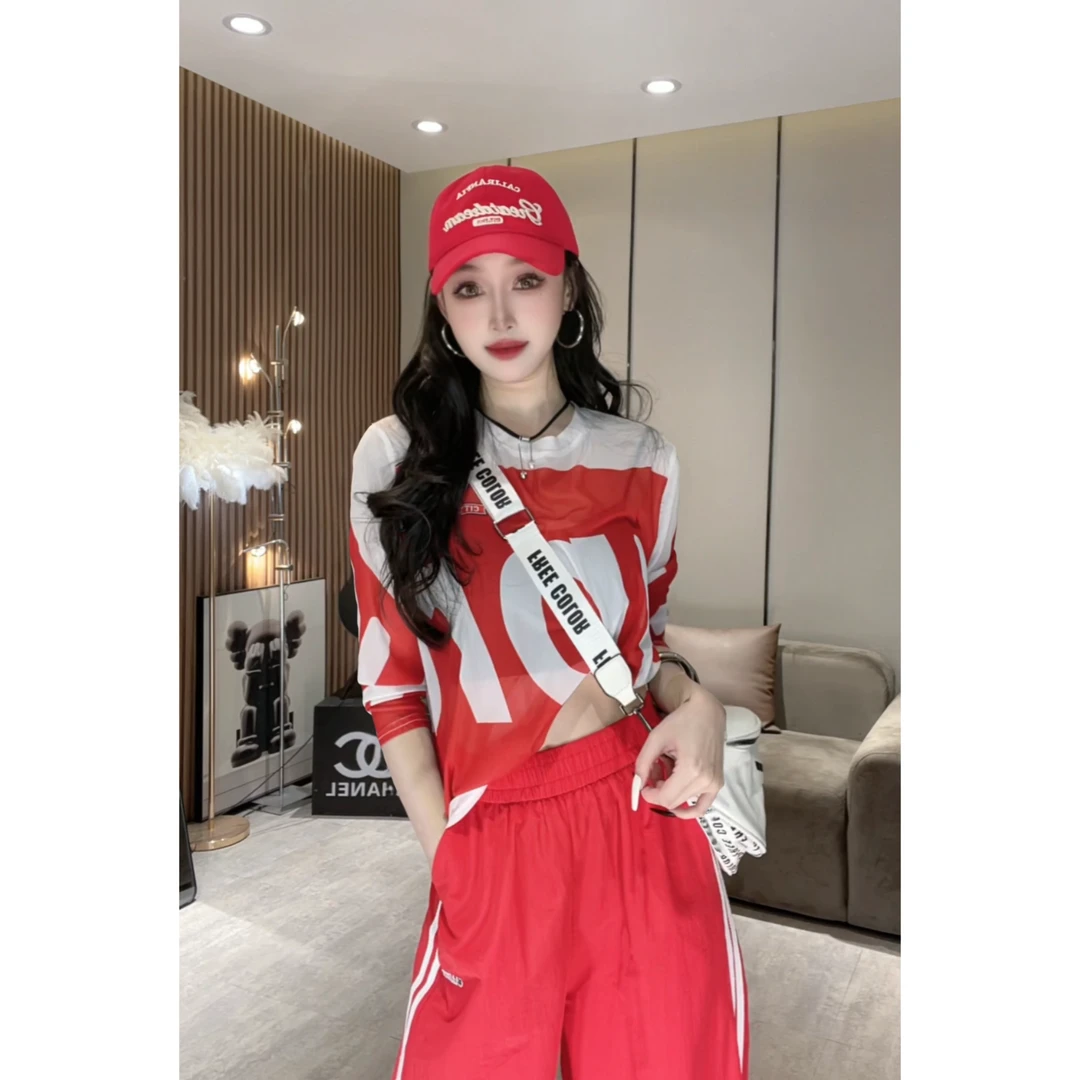 XQ7070 【网纱长袖字母上衣】设计感长袖薄款T恤宽松女防晒T恤上衣