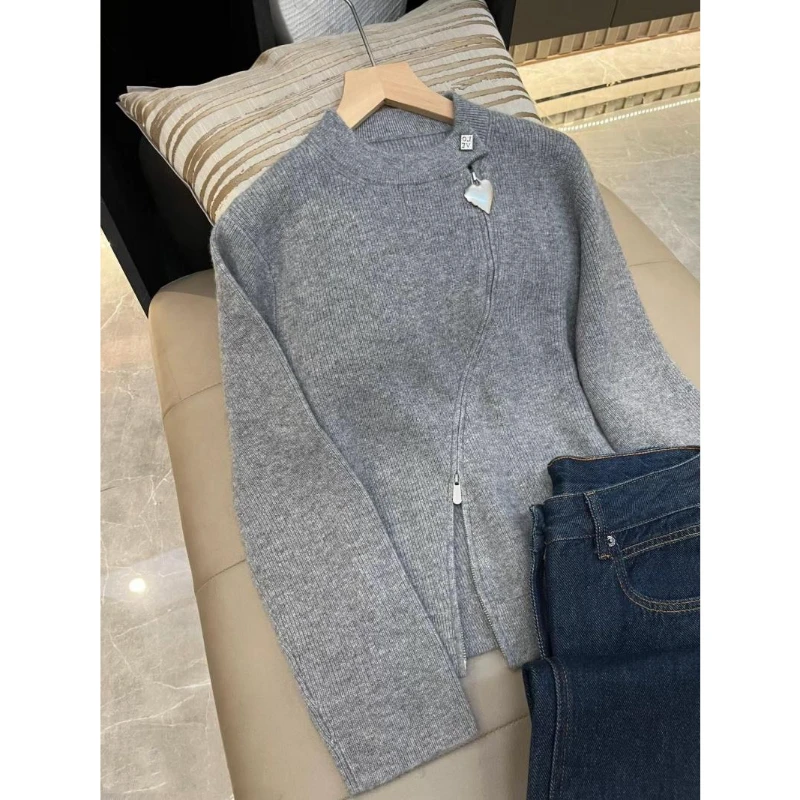 墙裂推荐！今年流行！慵懒休闲灰色金属爱心斜拉链针织衫开衫女毛衣