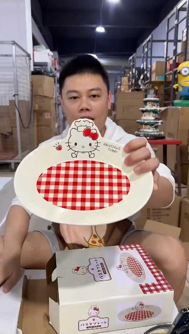 瓷片原盒kt猫红格子餐盘