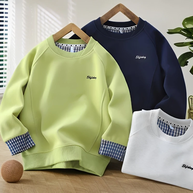 男童圆领拼接卫衣2025秋季中大童休闲套头上衣儿童长袖T恤衫2905