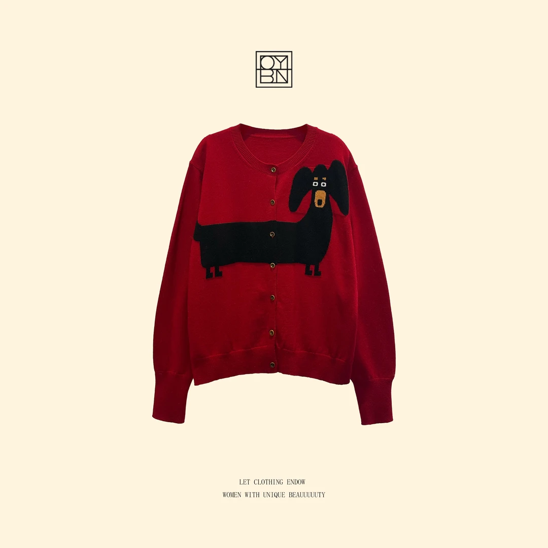 OYBN欧阳贝妮【心愿小狗】微胖大码可爱小狗针织开衫上衣9056