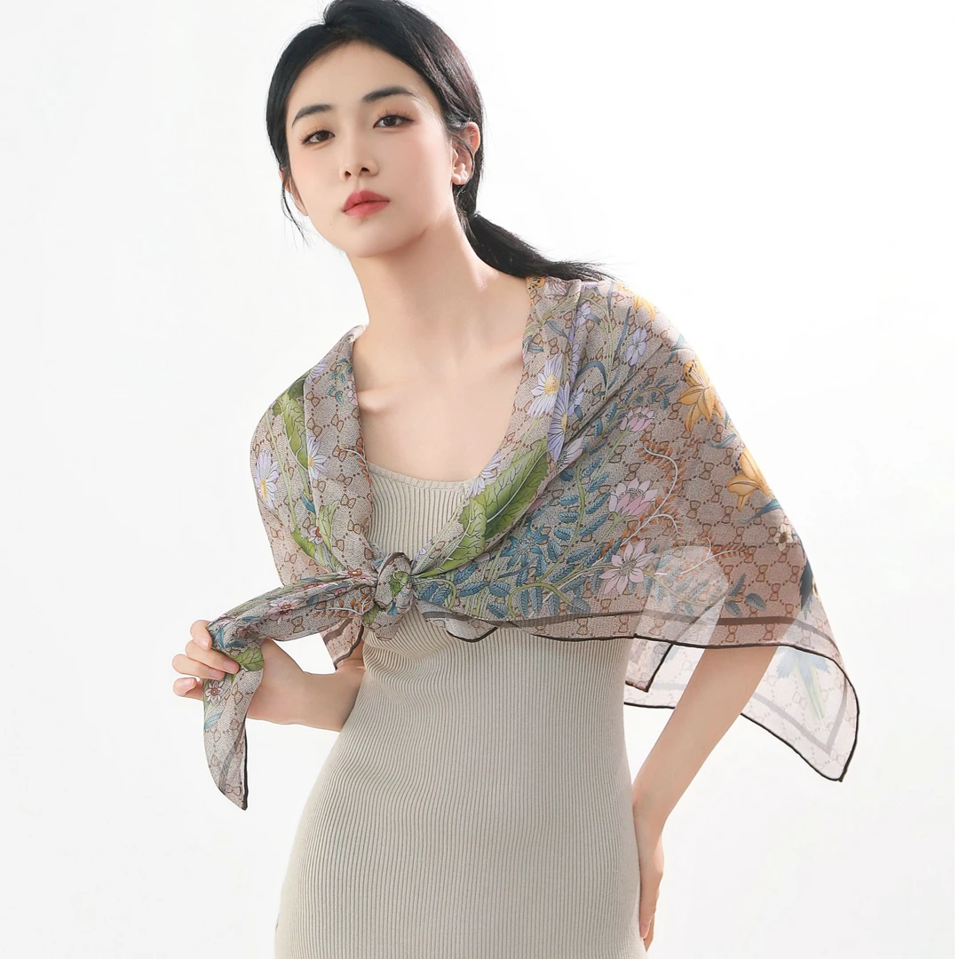 桑蚕丝单面西丽纱繁花似锦105方巾时尚百搭女士丝巾防晒披肩F031