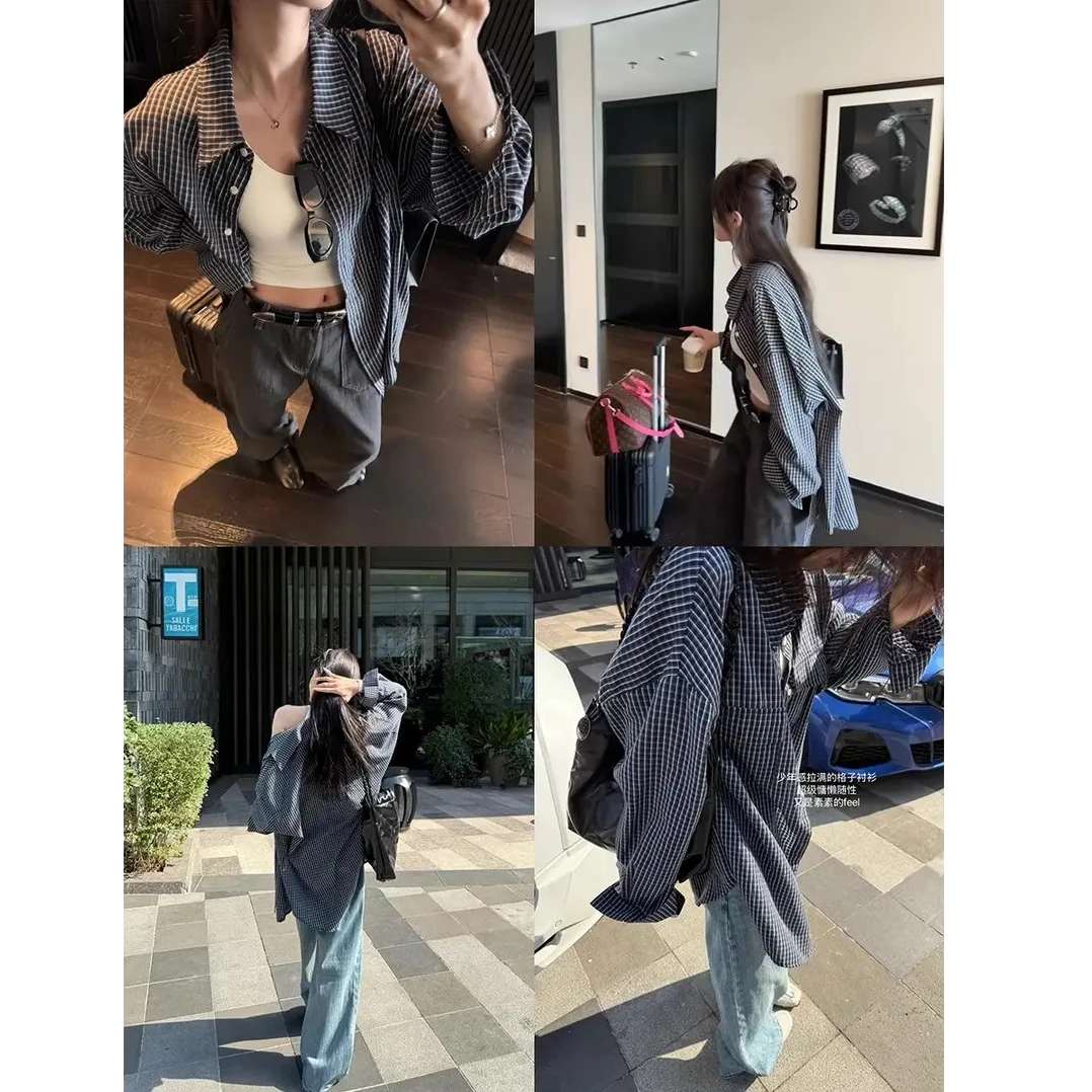 蓝调时刻复古宽松显瘦长袖百搭格纹衬衫女秋季新款设计感时尚休闲