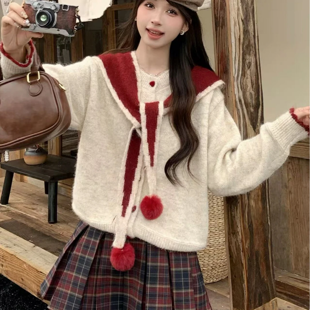 甜美撞色毛衣开衫女女2025秋冬新款慵懒风软糯宽松披肩针织上衣