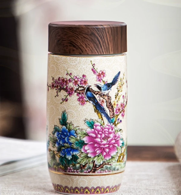 瓷韵优品 陶瓷茶杯保温杯贴花高档双层水杯带盖带过滤网-4377