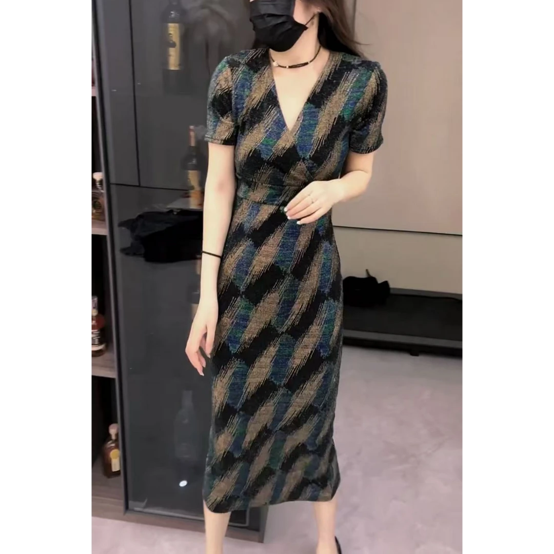 2025新款夏季时尚洋气百搭修身轻奢复古开叉气质显瘦中长款连衣裙