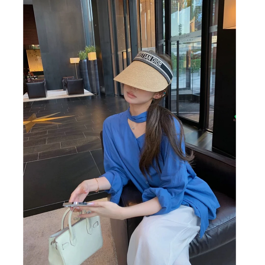 100亚麻克莱因蓝飘带衬衫女夏款小众高级感衬衣法式长袖上衣