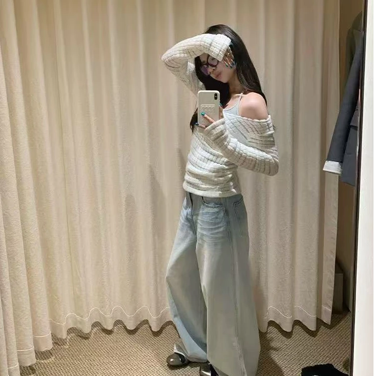 A51雅痞结构 博主同款高腰牛仔阔腿裤