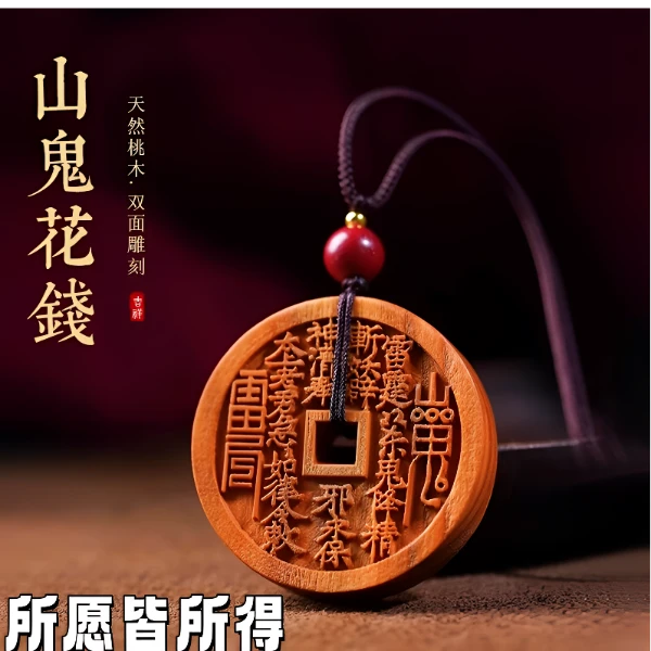 雷击老桃木山鬼花钱吊坠汽车钥匙扣挂件古钱币项链铜钱车钥匙挂钩
