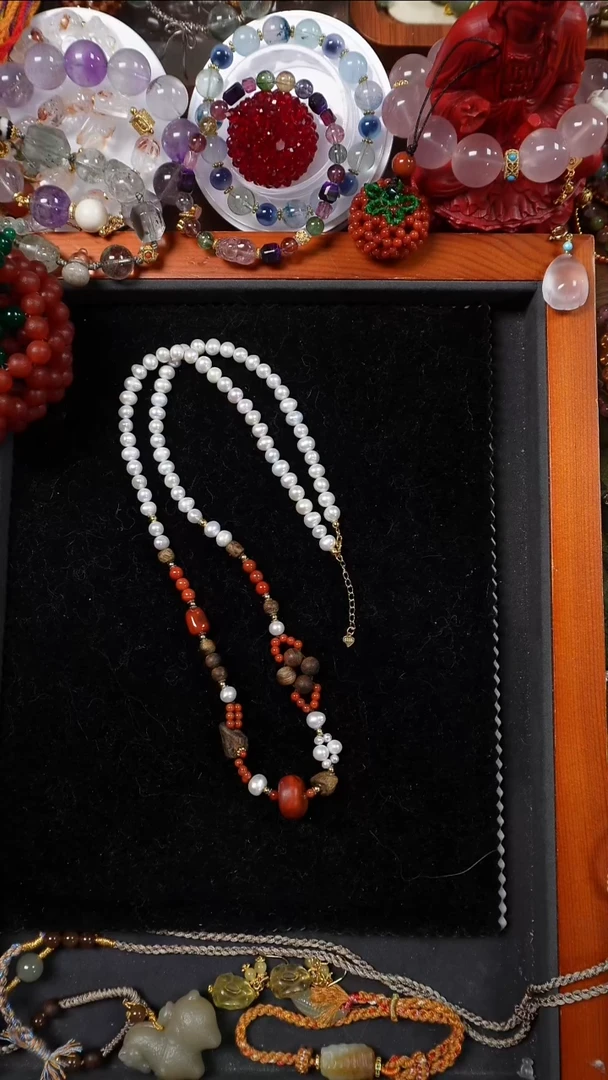 颈饰银S925镶嵌淡水珍珠珍珠南红项链